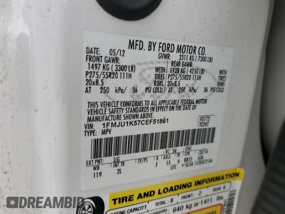 2012 Ford Expedition Limited with VIN 1FMJU1K57CEF51861, listed as a Copart auction lot 55236115 with 179,087 mi miles and Salvage title. Bid and sale history available at DreamBid. Image 13.