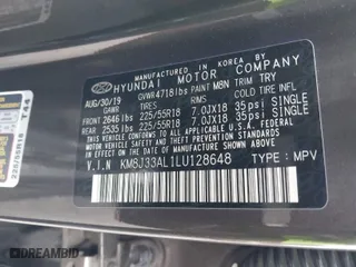 2020 Hyundai Tucson Sport with VIN KM8J33AL1LU128648, listed as a IAAI auction lot 41476040 with 66,526 mi miles. Bid and sale history available at carsss.com. Image 9.