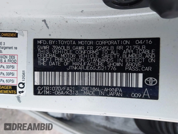 2016 Scion iM with VIN JTNKARJE6GJ521776, listed as a IAAI auction lot 42134053 with 87,811 mi miles and . Bid and sale history available at DreamBid. Image 9.