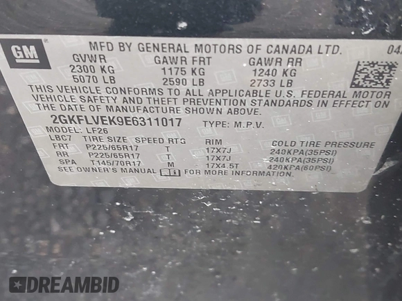 2014 GMC Terrain SLE with VIN 2GKFLVEK9E6311017, listed as a IAAI auction lot 41784238 with 110,684 mi miles. Bid and sale history available at carsss.com. Image 9.