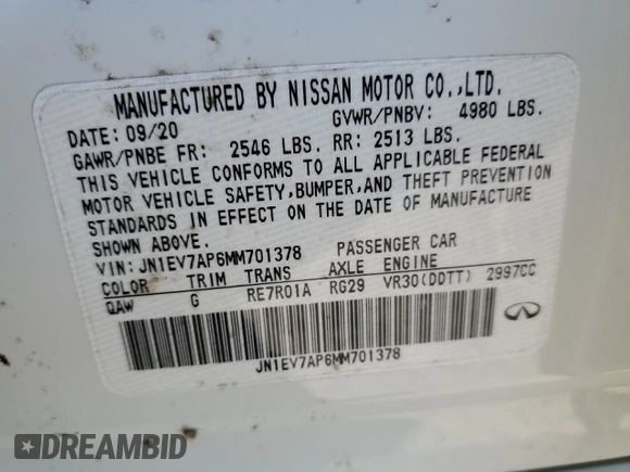 2021 Infiniti Q50 Pure with VIN JN1EV7AP6MM701378, listed as a Copart auction lot 52133875 with 87,293 mi miles and Salvage Title. Bid and sale history available at DreamBid. Image 12.