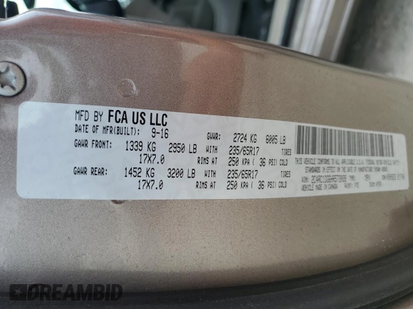 2017 Chrysler Pacifica Touring with VIN 2C4RC1DG6HR572039, listed as a Copart auction lot 58568105 with 190,405 mi miles and Salvage title. Bid and sale history available at DreamBid. Image 14.