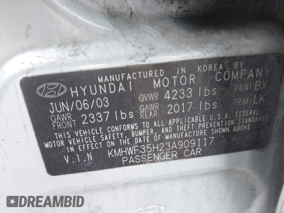 2003 Hyundai Sonata GLS with VIN KMHWF35H23A909117, listed as a IAAI auction lot 41535679 with 149,285 mi miles. Bid and sale history available at carsss.com. Image 9.