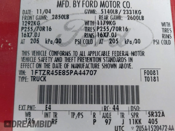 2005 Ford Ranger XLT z VIN 1FTZR45E85PA44707, wystawiony jako IAAI lot #42295899 z przebiegiem 187 735 mil mil oraz . Historia ofert i sprzedaży dostępna na DreamBid. Obrazek 9.