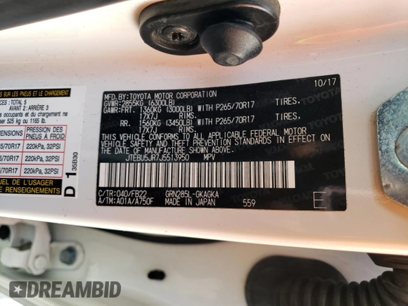 2018 Toyota 4Runner SR5 with VIN JTEBU5JR7J5513950, listed as a Copart auction lot 44197815 with 115,427 mi miles and Salvage Title. Bid and sale history available at carsss.com. Image 13.