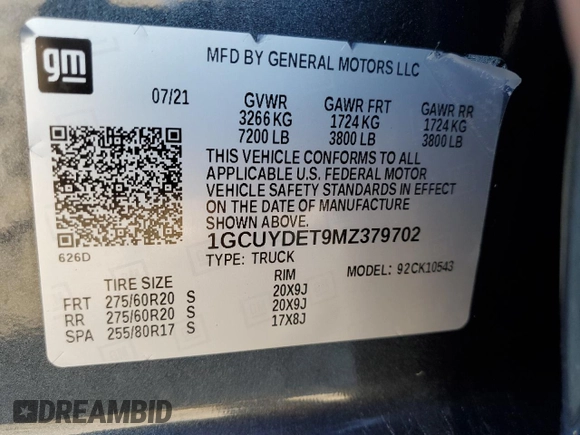 2021 Chevrolet Silverado 1500 LT with VIN 1GCUYDET9MZ379702, listed as a Copart auction lot 84435314 with 50,843 mi miles and Salvage Title. Bid and sale history available at carsss.com. Image 12.