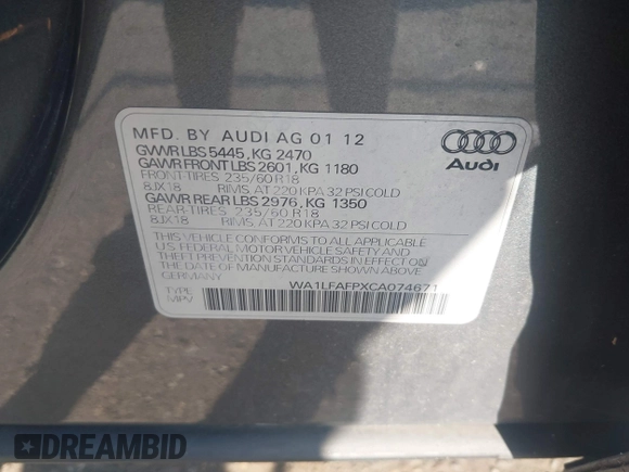 2012 Audi Q5 Premium Plus with VIN WA1LFAFPXCA074671, listed as a IAAI auction lot 42508564 with 221,521 mi miles and . Bid and sale history available at DreamBid. Image 9.