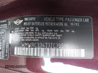 2003 MINI Hardtop с VIN WMWRC33473TC39868, выставлен на аукционе IAAI как лот 41279678 с пробегом 162 005 миль миль и . История ставок и продаж доступна на DreamBid. Изображение 9.