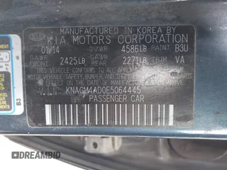 2014 Kia Optima LX with VIN KNAGM4AD0E5064445, listed as a IAAI auction lot 42204163 with 115,976 mi miles and . Bid and sale history available at DreamBid. Image 9.