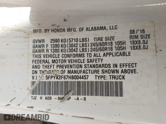 2017 Honda Ridgeline RTL-T с VIN 5FPYK2F67HB004457, выставлен на аукционе IAAI как лот 42650294 с пробегом 44 046 миль миль и . История ставок и продаж доступна на DreamBid. Изображение 9.