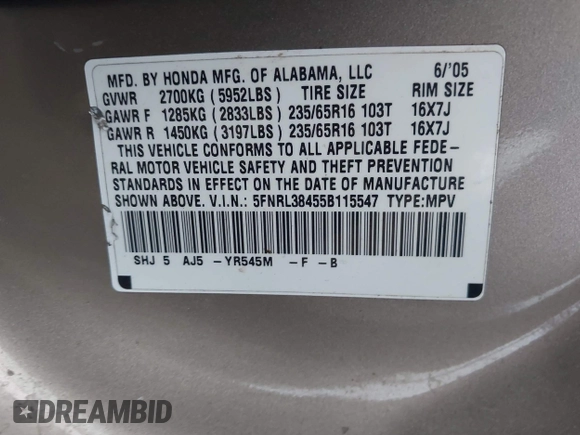 2005 Honda Odyssey EX with VIN 5FNRL38455B115547, listed as a IAAI auction lot 41911371 with 184,150 mi miles. Bid and sale history available at carsss.com. Image 9.
