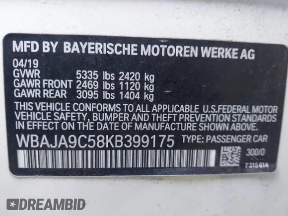 2019 BMW 5 Series 530e with VIN WBAJA9C58KB399175, listed as a IAAI auction lot 41697211 with Not provided miles and . Bid and sale history available at DreamBid. Image 9.