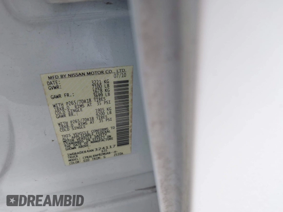 2010 Nissan Titan SE with VIN 1N6BA0EK4AN324117, listed as a IAAI auction lot 41682218 with Not Provided miles. Bid and sale history available at carsss.com. Image 9.