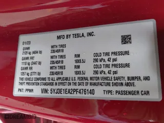 2023 Tesla Model 3 with VIN 5YJ3E1EA2PF476140, listed as a IAAI auction lot 41789189 with 33,435 mi miles. Bid and sale history available at carsss.com. Image 9.