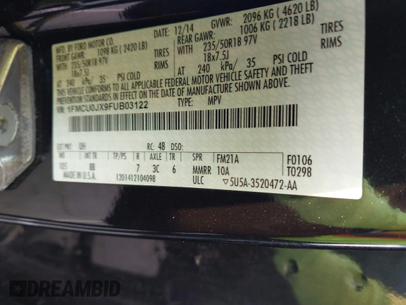 2015 Ford Escape Titanium с VIN 1FMCU0JX9FUB03122, выставлен на аукционе IAAI как лот 42401753 с пробегом 168 526 миль миль и . История ставок и продаж доступна на DreamBid. Изображение 9.
