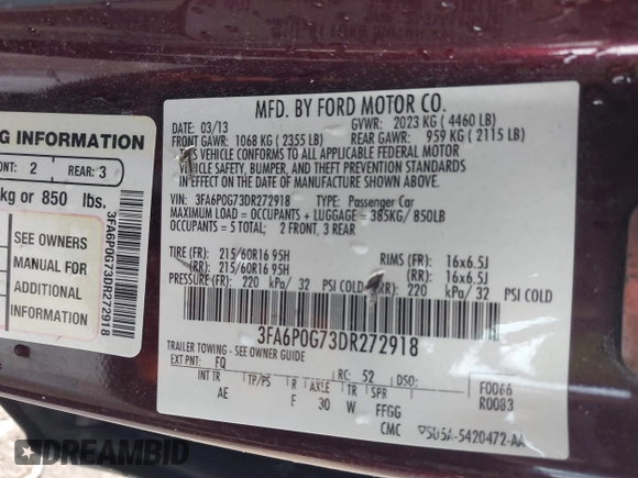 2013 Ford Fusion S with VIN 3FA6P0G73DR272918, listed as a IAAI auction lot 41649153 with 1 mi miles. Bid and sale history available at carsss.com. Image 9.
