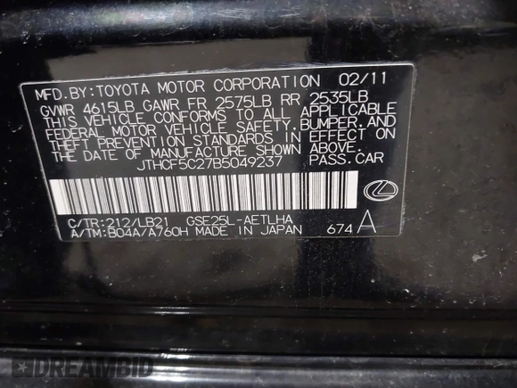 2011 Lexus IS 250 z VIN JTHCF5C27B5049237, wystawiony jako IAAI lot #41609112 z przebiegiem 122 293 mil mil oraz . Historia ofert i sprzedaży dostępna na DreamBid. Obrazek 9.
