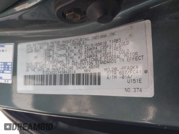 2004 Toyota Sienna XLE with VIN 5TDZA22CX4S043514, listed as a IAAI auction lot 42164904 with 221,644 mi miles. Bid and sale history available at carsss.com. Image 9.