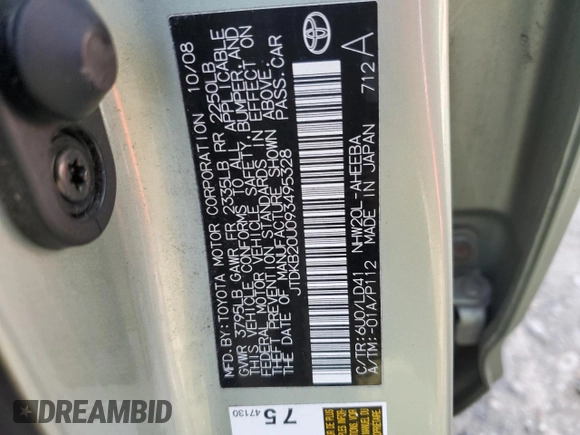 2009 Toyota Prius with VIN JTDKB20U093495328, listed as a Copart auction lot 52703665 with 105,783 mi miles and Salvage Title. Bid and sale history available at DreamBid. Image 13.