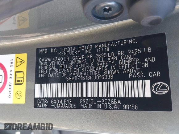 2019 Lexus ES 350 with VIN 58ABZ1B18KU016098, listed as a IAAI auction lot 41957596 with 49,995 mi miles and . Bid and sale history available at DreamBid. Image 9.