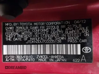 2012 Toyota Prius One with VIN JTDKN3DU7C0335138, listed as a IAAI auction lot 41569811 with 191,288 mi miles. Bid and sale history available at carsss.com. Image 9.