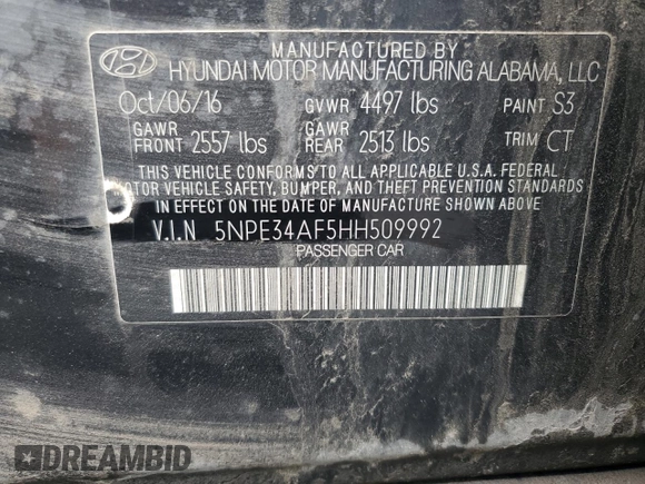 2017 Hyundai Sonata Sport with VIN 5NPE34AF5HH509992, listed as a Copart auction lot 56117115 with Not Provided miles and Salvage Title. Bid and sale history available at DreamBid. Image 13.
