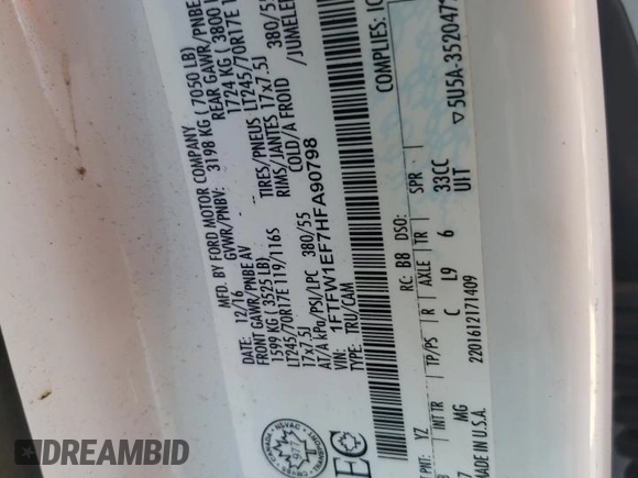 2017 Ford F-150 XL with VIN 1FTFW1EF7HFA90798, listed as a Copart auction lot 61492225 with 71,125 mi miles and Salvage title. Bid and sale history available at DreamBid. Image 12.