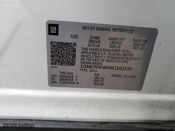 2021 Chevrolet Traverse LS with VIN 1GNEVFKWXMJ163130, listed as a Copart auction lot 44857155 with 0 mi miles and Salvage Title. Bid and sale history available at carsss.com. Image 14.