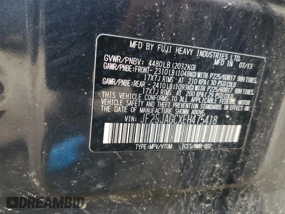 2014 Subaru Forester 2.5i Premium with VIN JF2SJAGCXEH475418, listed as a Copart auction lot 54336485 with 303,768 mi miles and Non Repairable. Bid and sale history available at carsss.com. Image 13.