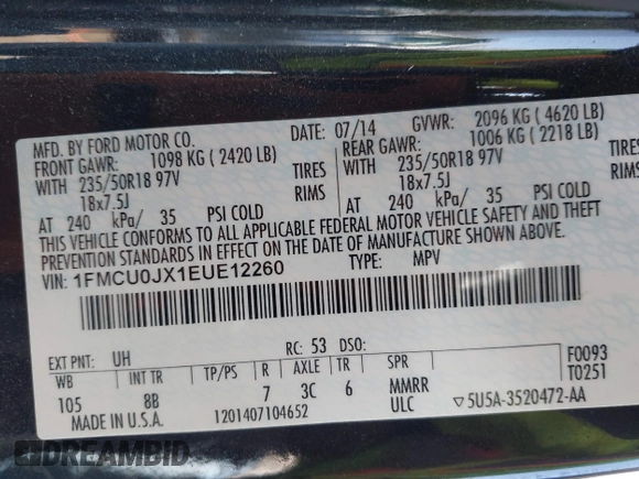 2014 Ford Escape Titanium with VIN 1FMCU0JX1EUE12260, listed as a IAAI auction lot 41826246 with 178,532 mi miles. Bid and sale history available at carsss.com. Image 9.