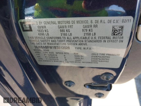 2011 Chevrolet HHR 1LT with VIN 3GNBABFW1BS612028, listed as a IAAI auction lot 41831821 with 143,631 mi miles and . Bid and sale history available at DreamBid. Image 9.