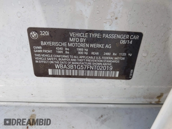2015 BMW 3 Series 320i with VIN WBA3B1G57FNT02019, listed as a IAAI auction lot 42128277 with 218,621 mi miles and . Bid and sale history available at DreamBid. Image 9.