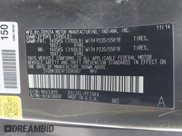 2015 Toyota Sienna Ltd with VIN 5TDDK3DC4FS096867, listed as a IAAI auction lot 41451129 with 226,548 mi miles. Bid and sale history available at carsss.com. Image 9.