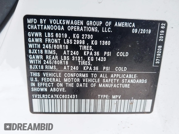 2019 Volkswagen Atlas SE с VIN 1V2LR2CA7KC602431, выставлен на аукционе IAAI как лот 41462436 с пробегом 66 186 миль миль и . История ставок и продаж доступна на DreamBid. Изображение 9.