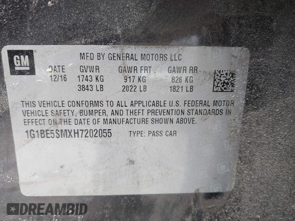 2017 Chevrolet Cruze LT with VIN 1G1BE5SMXH7202055, listed as a IAAI auction lot 42142427 with 142,303 mi miles and . Bid and sale history available at DreamBid. Image 9.