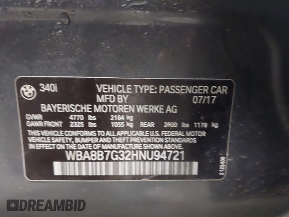 2017 BMW 3 Series 340i xDrive with VIN WBA8B7G32HNU94721, listed as a IAAI auction lot 41572361 with 65,822 mi miles and . Bid and sale history available at DreamBid. Image 9.