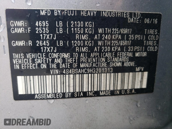 2017 Subaru Outback Premium with VIN 4S4BSAHC9H3201313, listed as a Copart auction lot 55818645 with 81,302 mi miles and Salvage title. Bid and sale history available at DreamBid. Image 14.