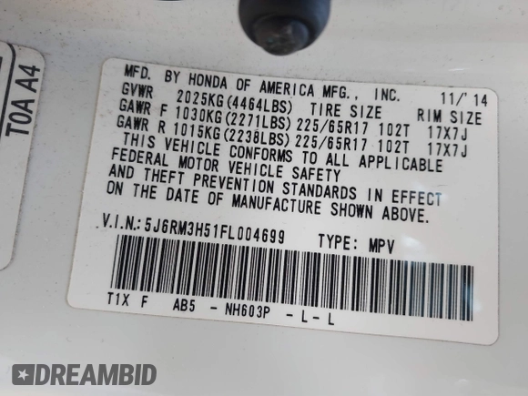 2015 Honda CR-V EX with VIN 5J6RM3H51FL004699, listed as a IAAI auction lot 41891788 with 115,084 mi miles and . Bid and sale history available at carsss.com. Image 9.