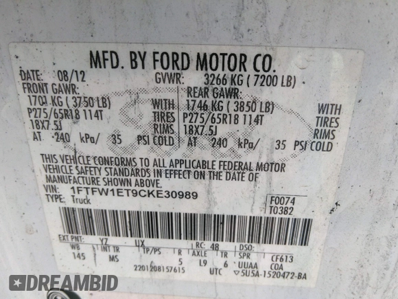 2012 Ford F-150 XL with VIN 1FTFW1ET9CKE30989, listed as a IAAI auction lot 37301262 with 257,439 mi miles and . Bid and sale history available at DreamBid. Image 9.