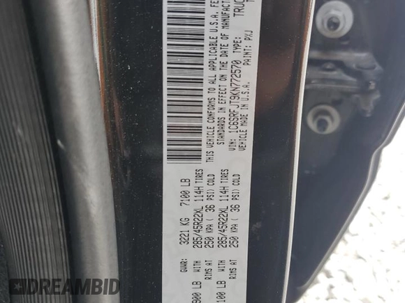 2019 Ram 1500 Laramie with VIN 1C6SRFJT9KN772570, listed as a Copart auction lot 60721145 with 82,599 mi miles and Salvage title. Bid and sale history available at DreamBid. Image 13.