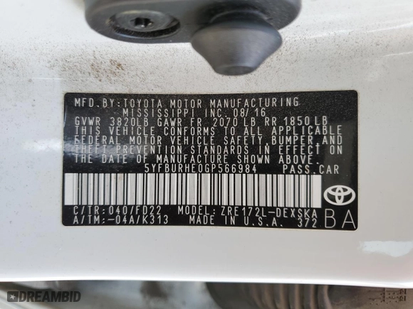 2016 Toyota Corolla L with VIN 5YFBURHE0GP566984, listed as a Copart auction lot 52143225 with 72,980 mi miles and Salvage Title. Bid and sale history available at carsss.com. Image 12.