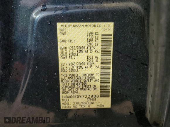 2015 Nissan Frontier SV with VIN 1N6AD0FR3FN722988, listed as a Copart auction lot 89190635 with 81,097 mi miles and Salvage title. Bid and sale history available at DreamBid. Image 13.