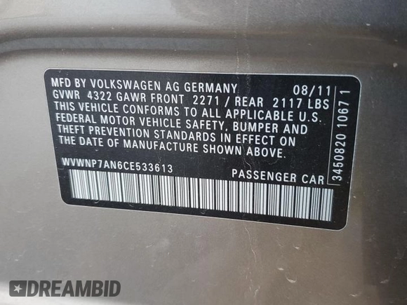 2012 Volkswagen CC Sport PZEV with VIN WVWNP7AN6CE533613, listed as a Copart auction lot 82024884 with 108,089 mi miles and Salvage Title. Bid and sale history available at carsss.com. Image 12.