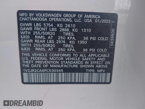 2023 Volkswagen Atlas SE with VIN 1V2JR2CA6PC530345, listed as a IAAI auction lot 42162983 with 18,535 mi miles and . Bid and sale history available at DreamBid. Image 9.