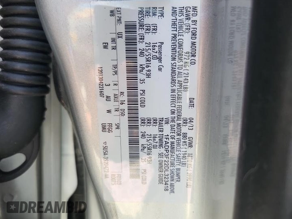 2013 Ford Focus SE with VIN 1FADP3F22DL323418, listed as a Copart auction lot 61859225 with 62,415 mi miles and Salvage title. Bid and sale history available at DreamBid. Image 12.