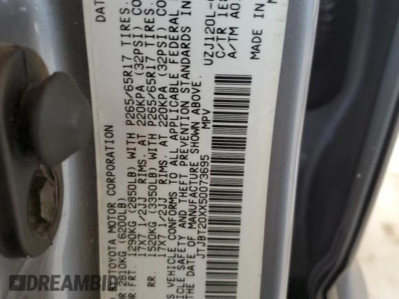 2005 Lexus GX 470 with VIN JTJBT20XX50073695, listed as a Copart auction lot 50595385 with 162,617 mi miles and Salvage Title. Bid and sale history available at carsss.com. Image 13.