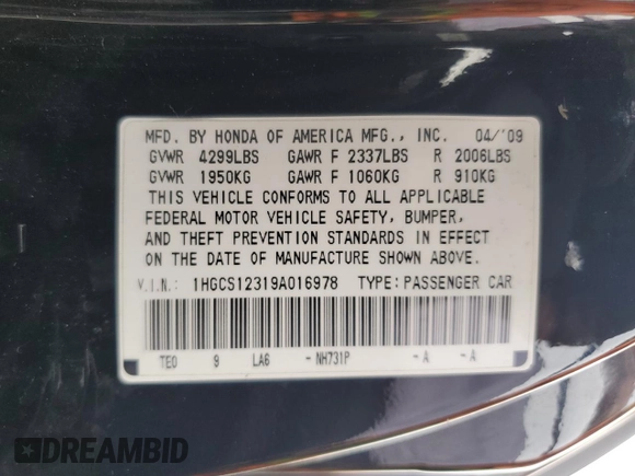 2009 Honda Accord LX-S with VIN 1HGCS12319A016978, listed as a Copart auction lot 53690205 with 151,538 mi miles and Salvage Title. Bid and sale history available at DreamBid. Image 12.