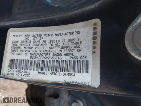 1997 Toyota Corolla with VIN 1NXBA02E6VZ656746, listed as a IAAI auction lot 42534520 with 282,869 mi miles and . Bid and sale history available at DreamBid. Image 9.