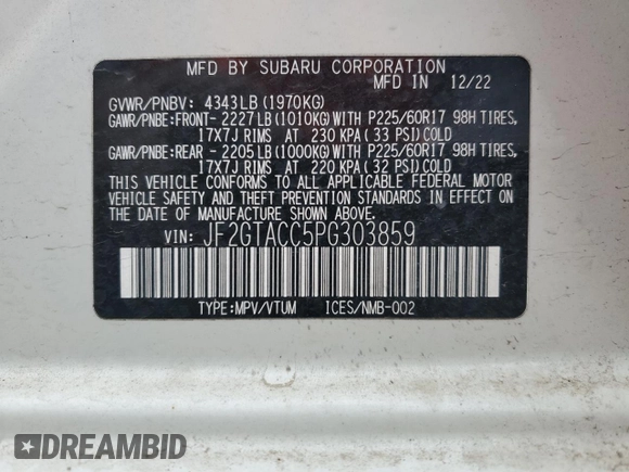 2023 Subaru Crosstrek Premium с VIN JF2GTACC5PG303859, выставлен на аукционе Copart как лот 52645205 с пробегом 29 144 миль миль и Списание • Salvage title. История ставок и продаж доступна на DreamBid. Изображение 13.