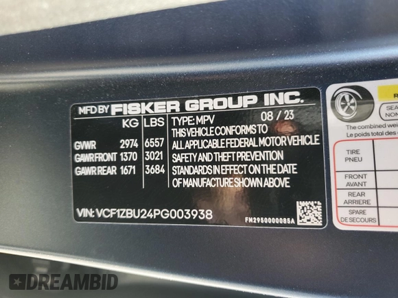 2023 Fisker Ocean One z VIN VCF1ZBU24PG003938, wystawiony jako Copart lot #89353135 z przebiegiem Nie podano mil oraz Szkody całkowita. Historia ofert i sprzedaży dostępna na DreamBid. Obrazek 13.